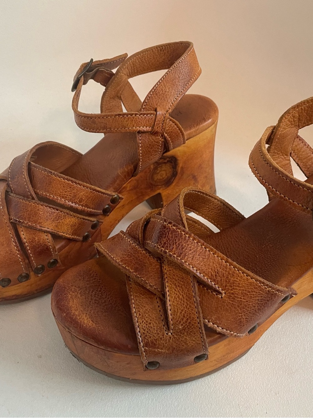 Bed Stu Tan Leather Platform Sandals with Wooden Sole - worn twice!